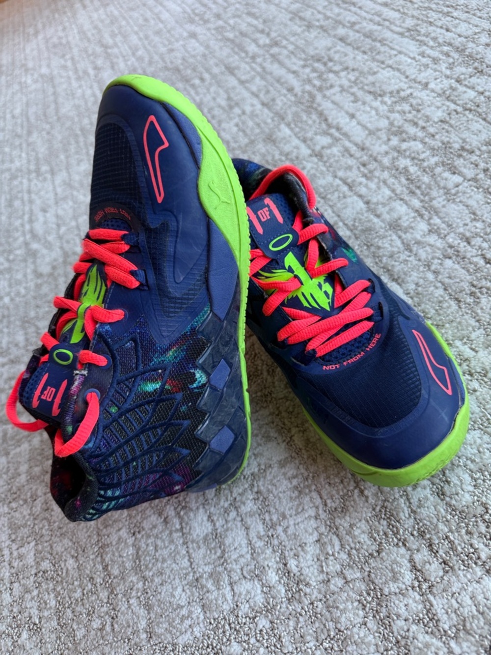 Puma M.E.L.O. Navy Athletic Bask Shoes with Neon Green Soles & Hot Pink Laces